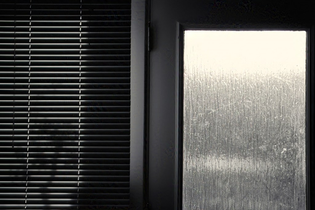 A monochrome image of a window blind and a back door in shade and reflected light.